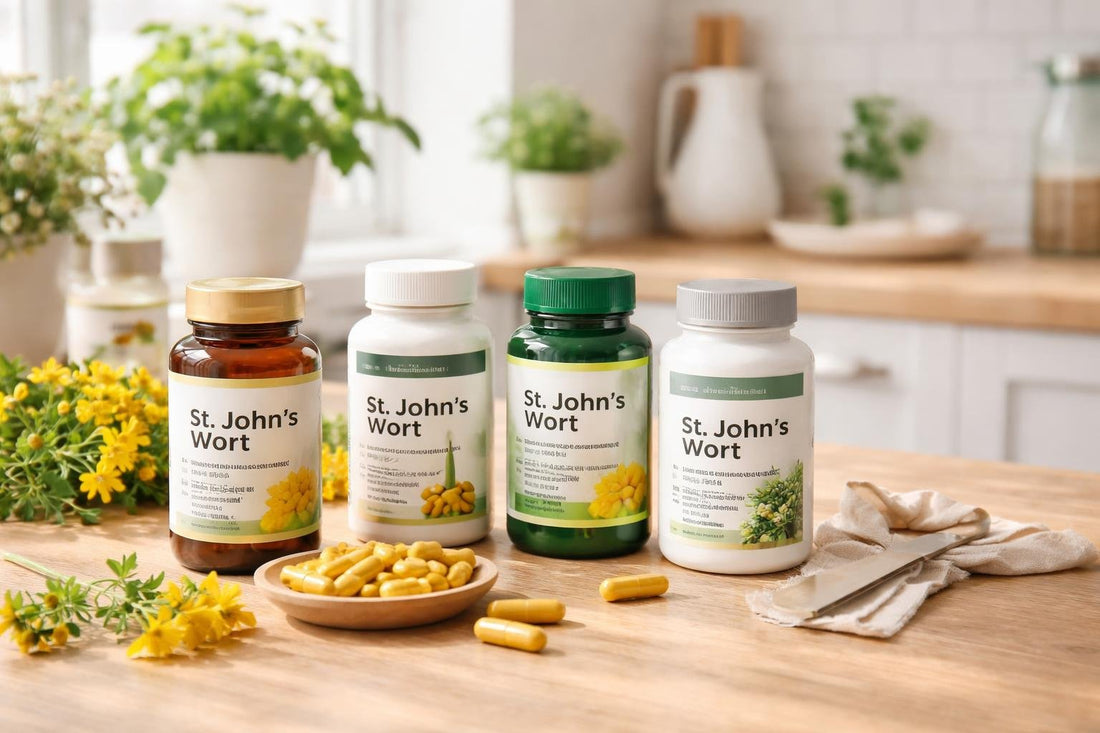 Bottles of St John's Wort supplements on wooden table