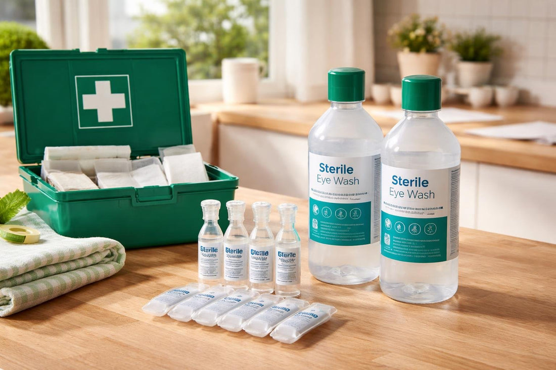 Sterile eye wash solutions and pods in a UK home kit