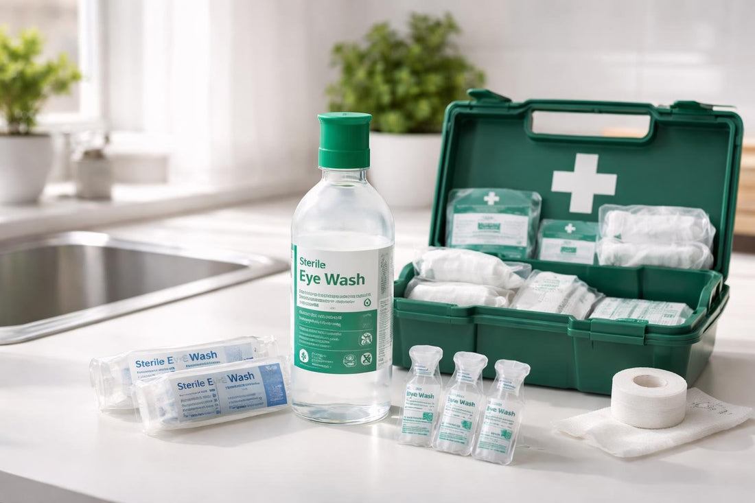 Sterile eye wash pods and bottle in home first aid kit