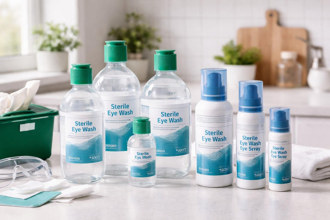 Selection of sterile eye wash bottles and sprays