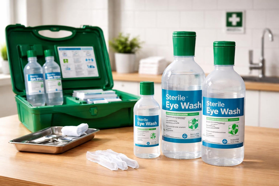 Sterile eye wash bottles and workplace kit
