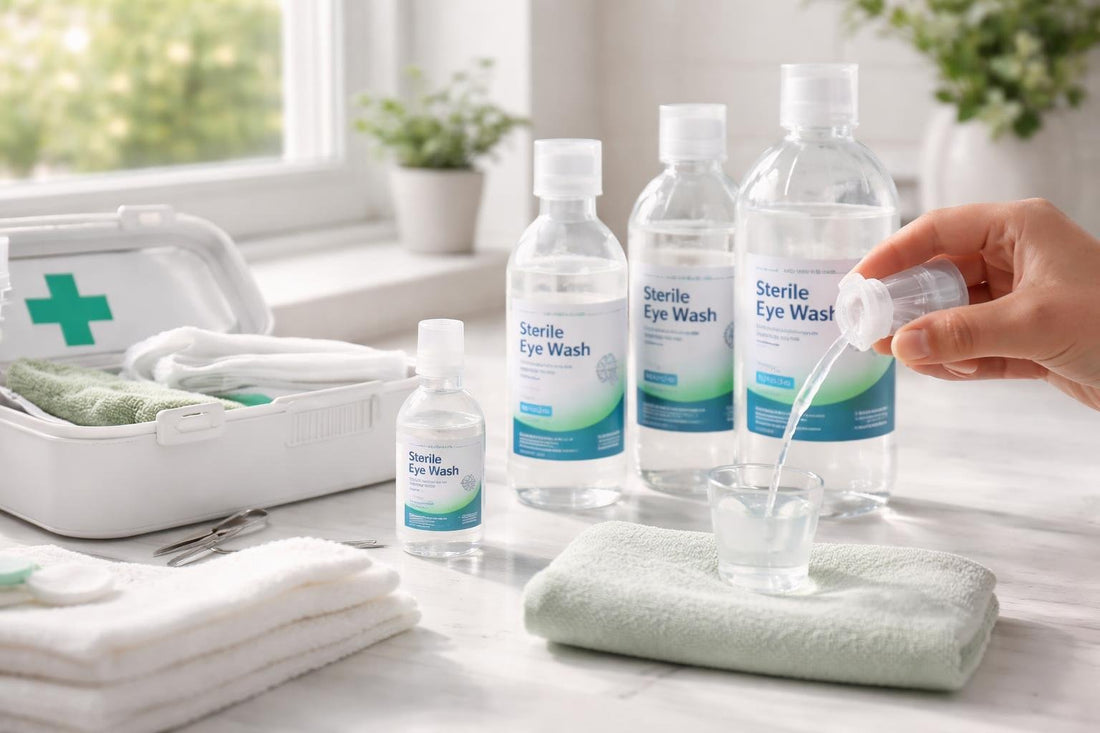 Sterile eye wash solution being used for gentle rinsing
