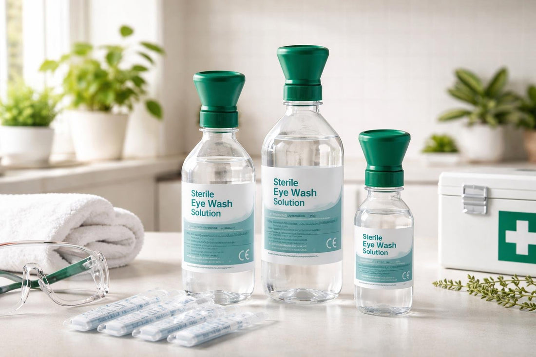 Sterile eye wash bottles and single-use ampoules for safety