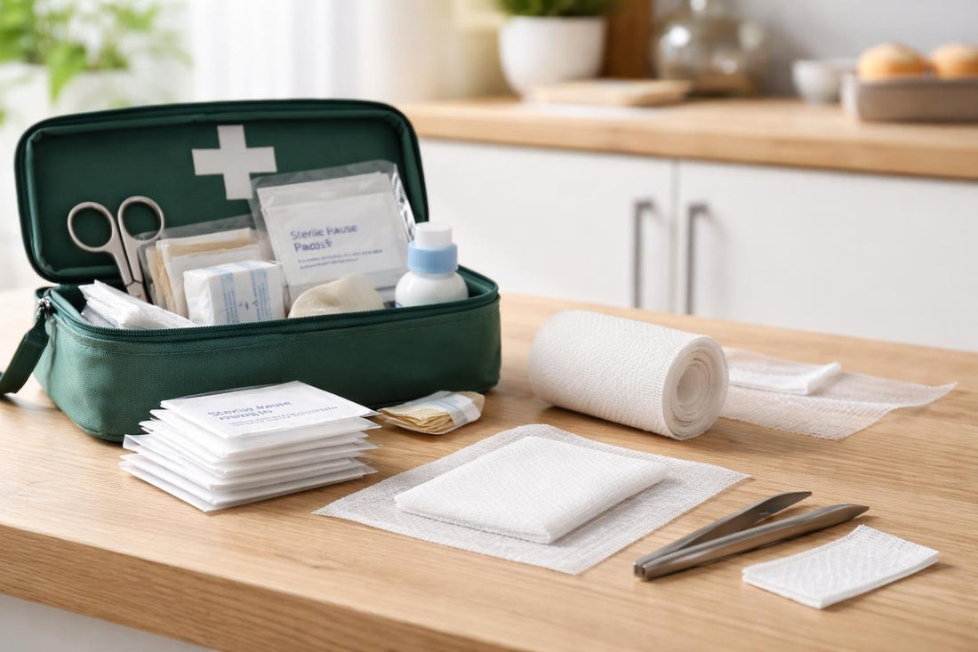 Sterile gauze pads and bandage roll in a home first aid kit
