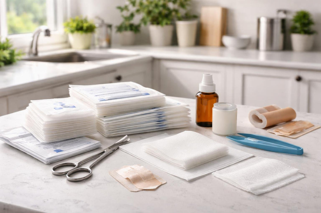 Sterile gauze pads and dressings laid out for home kit