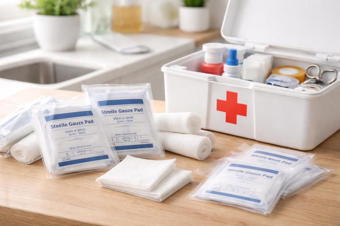 Individually wrapped sterile gauze pads in a home first aid kit