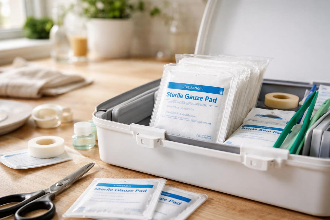 Individually wrapped sterile gauze pads in home first aid kit