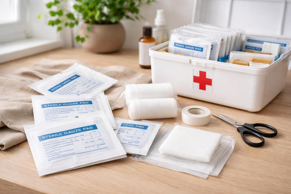 Individually wrapped sterile gauze pads in a home kit