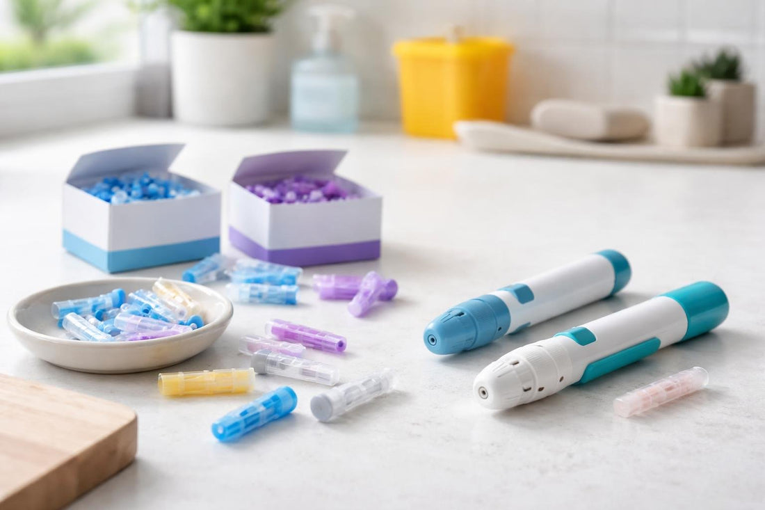 Assorted sterile blood lancets and lancing devices