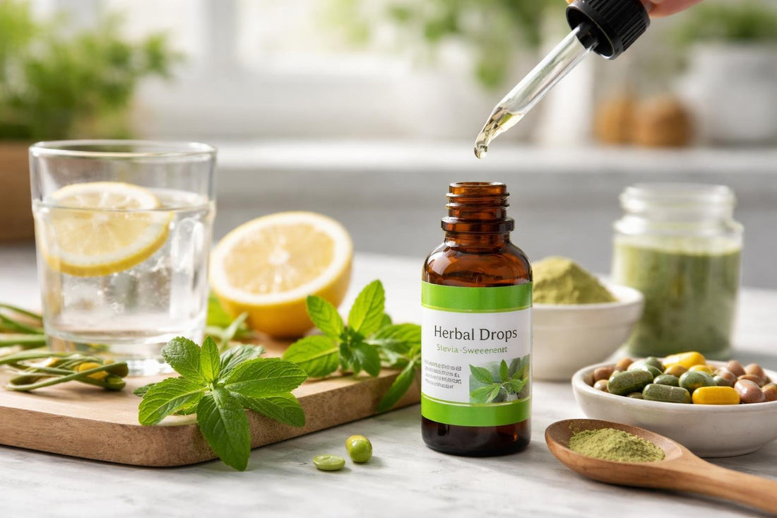 Stevia-sweetened herbal supplement drops in glass dropper bottle