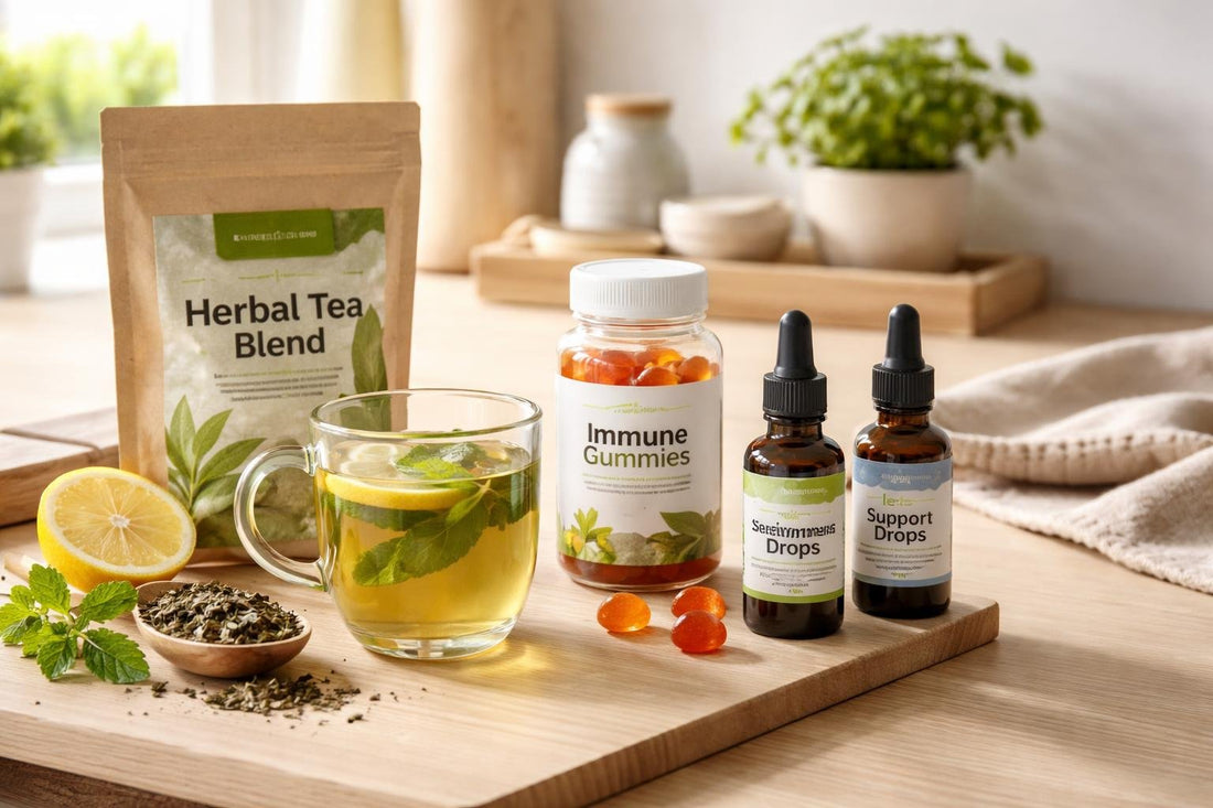 Stevia-sweetened herbal supplements arranged for daily use