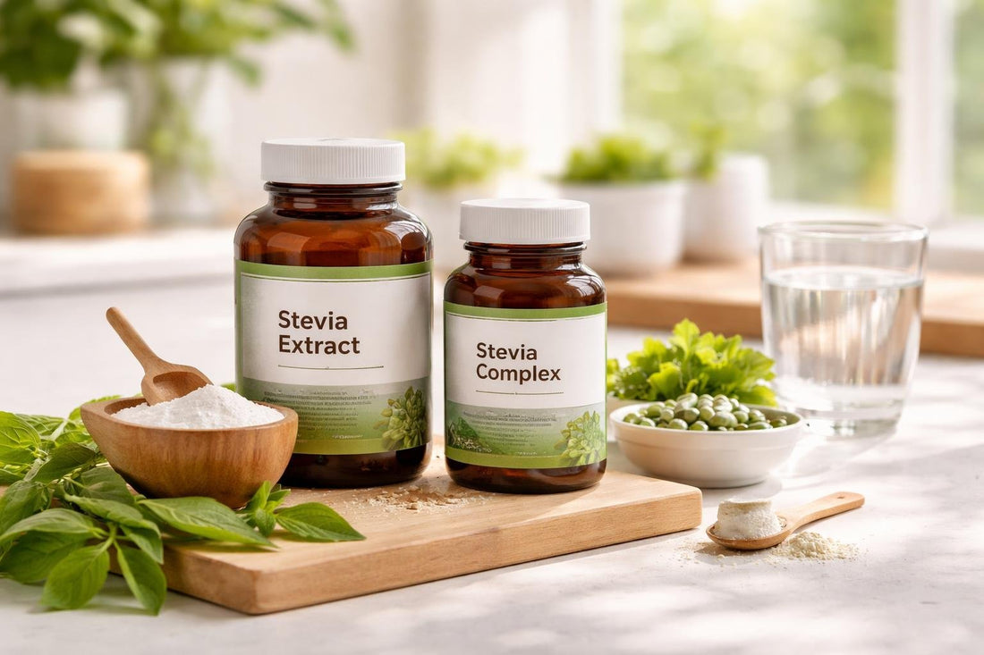 stevia supplement bottles and powder close-up