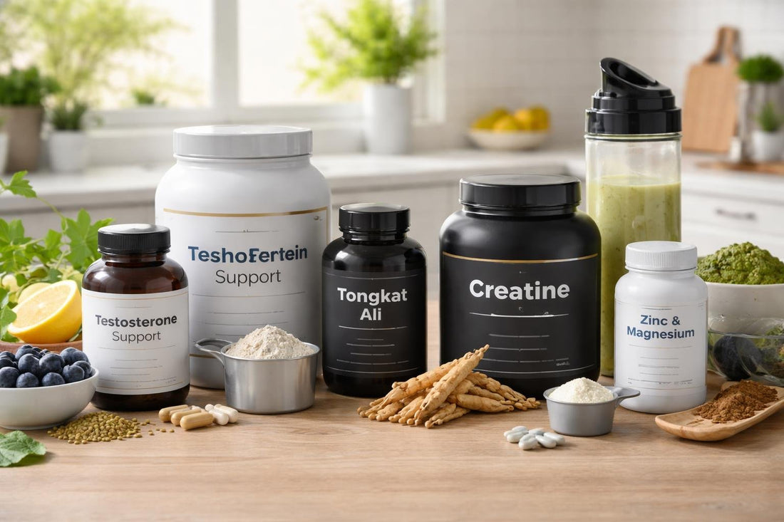 Assorted testosterone performance supplements on wooden table