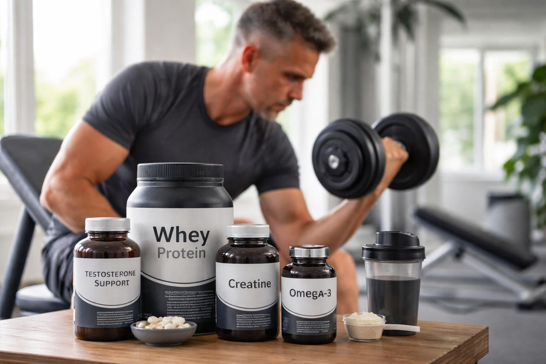 Man lifting weights with supplements on bench