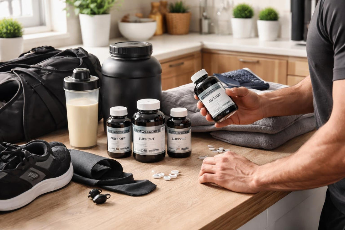 Man checking testosterone supplement labels and gym gear