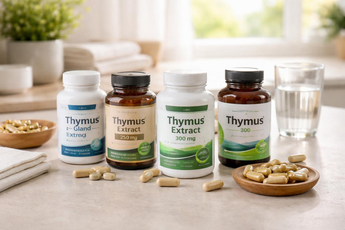 Assorted thymus extract supplement bottles and capsules