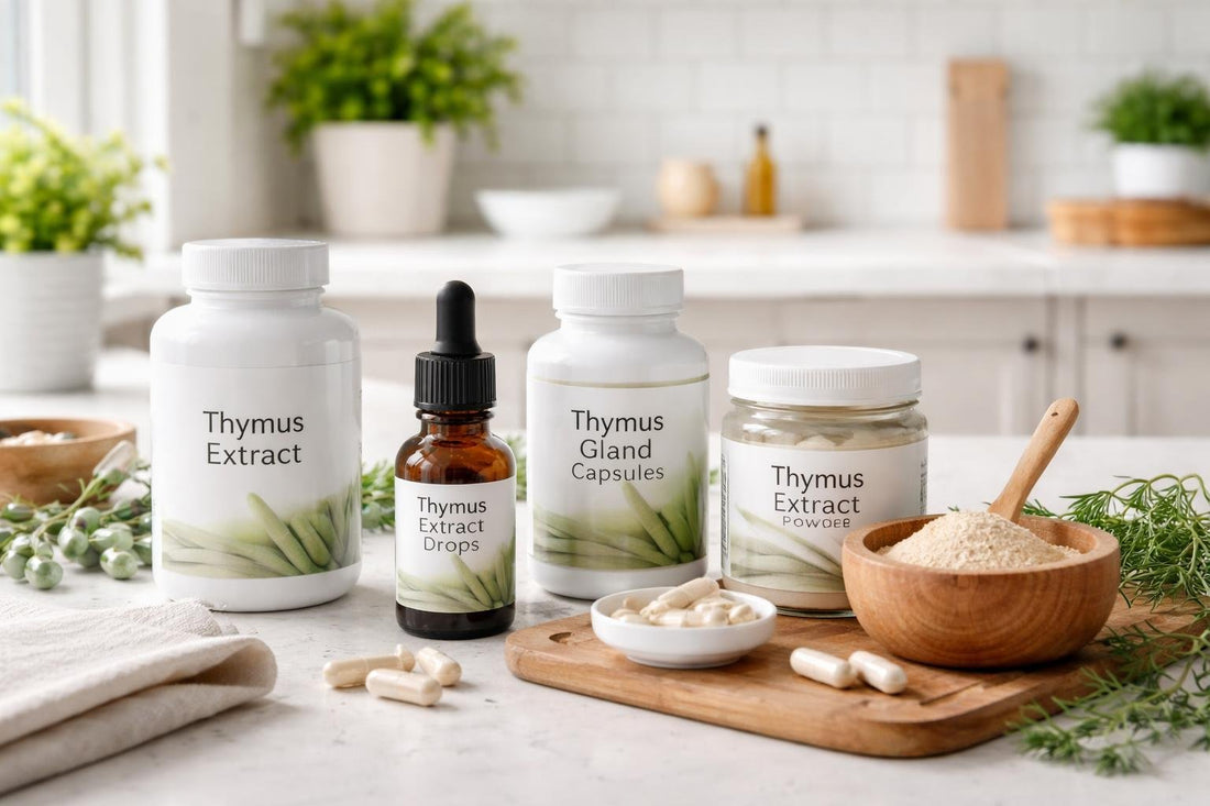 Selection of thymus extract supplement bottles and powders
