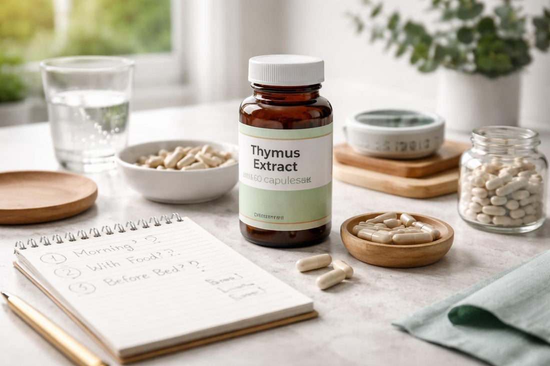 Thymus extract supplement capsules with dosage and timing notes