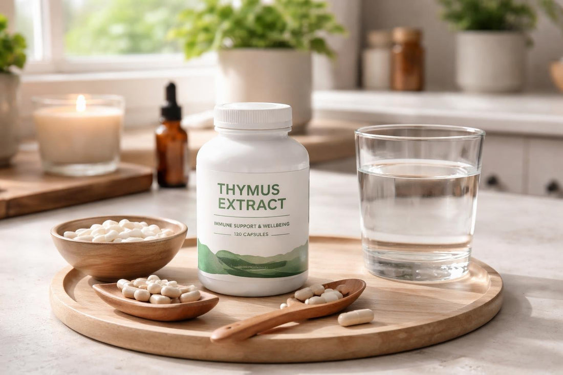 Thymus extract supplement capsules and label close-up