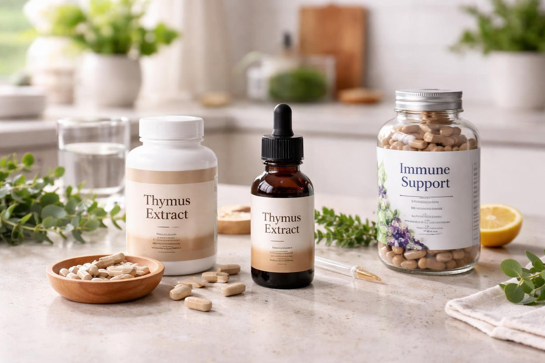 Thymus extract supplements in capsules, drops and blended formulas