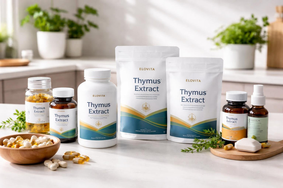 Thymus extract supplement bottles and packets