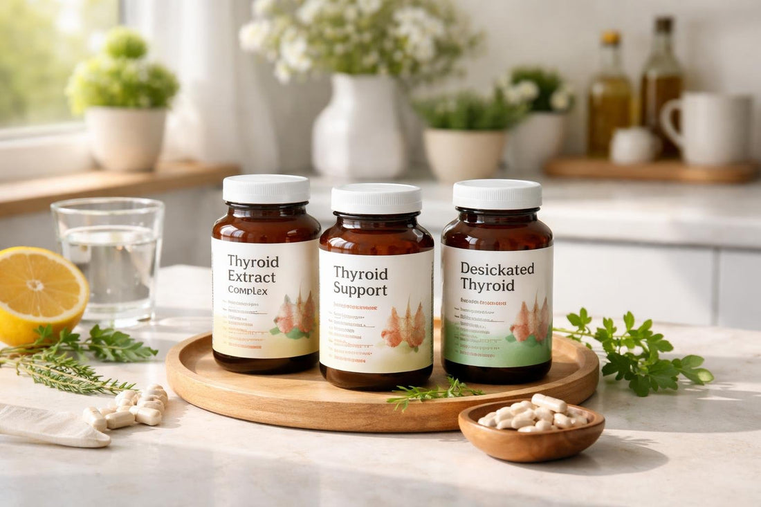 Thyroid extract supplement bottles for seasonal wellness routine