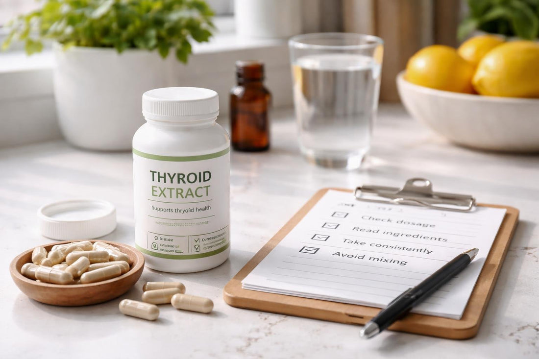 Thyroid extract supplement capsules with label-reading checklist