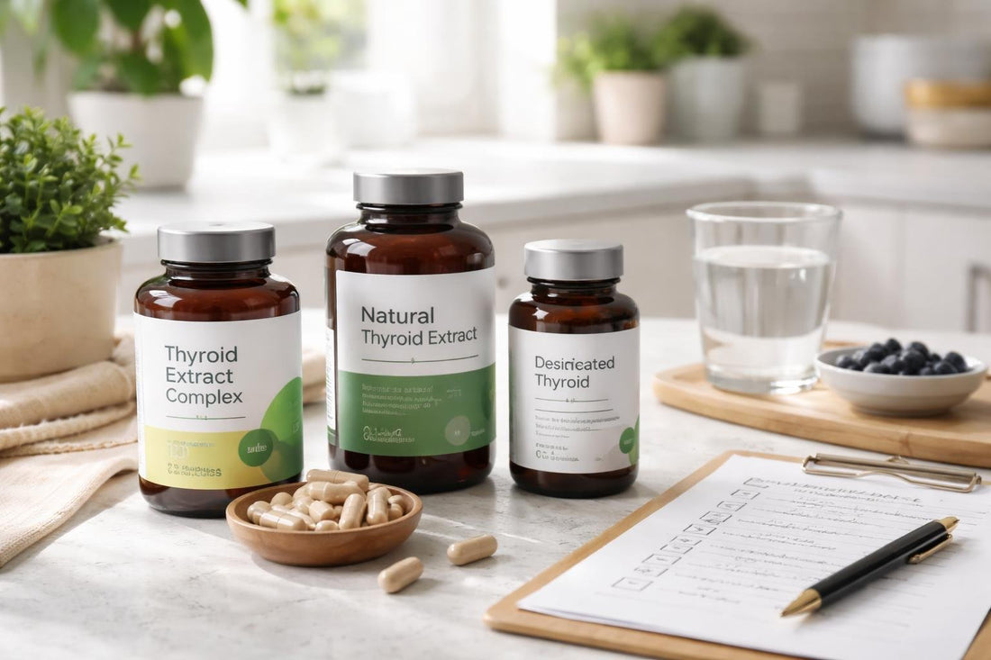 Thyroid supplement bottles and checklist on table