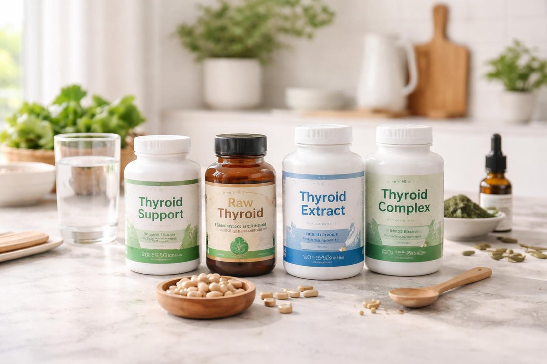 Thyroid extract supplements assortment on table