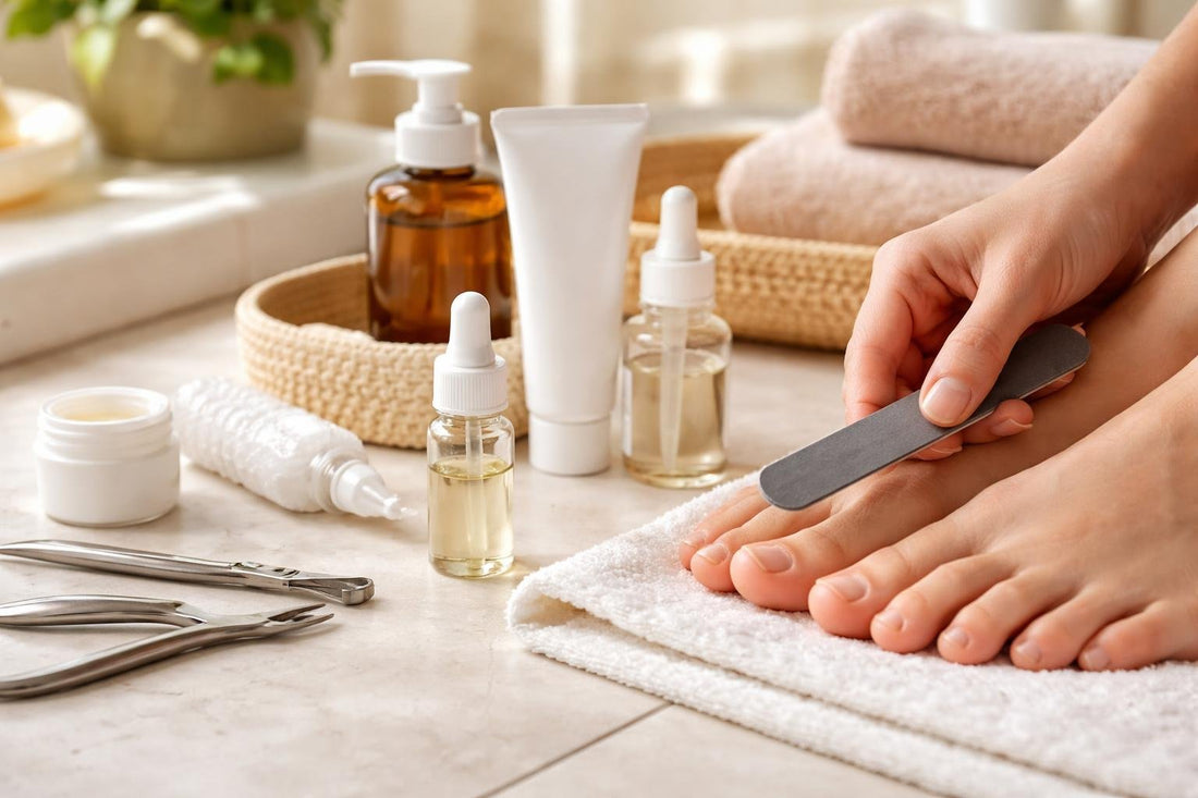 Toenail fungus home care routine with file and treatment