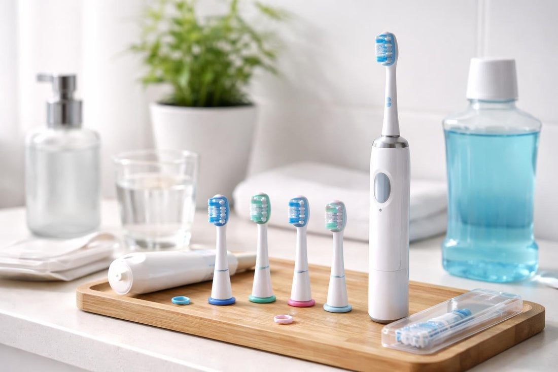 Toothbrush heads and oral care items close-up