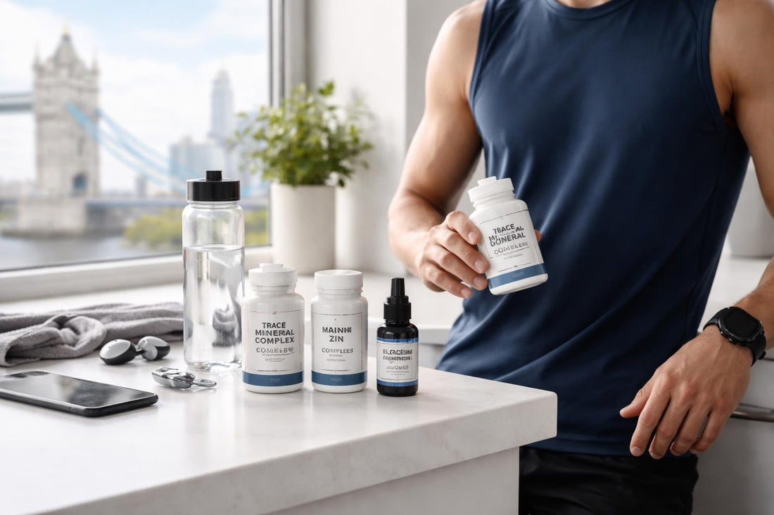 London endurance athlete holding mineral supplement bottle