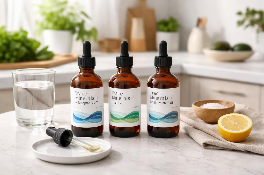 Trace mineral supplement bottles and dropper on kitchen counter