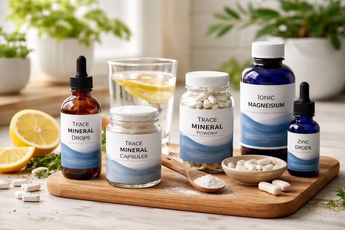 Assorted trace mineral supplements and bottles on wood