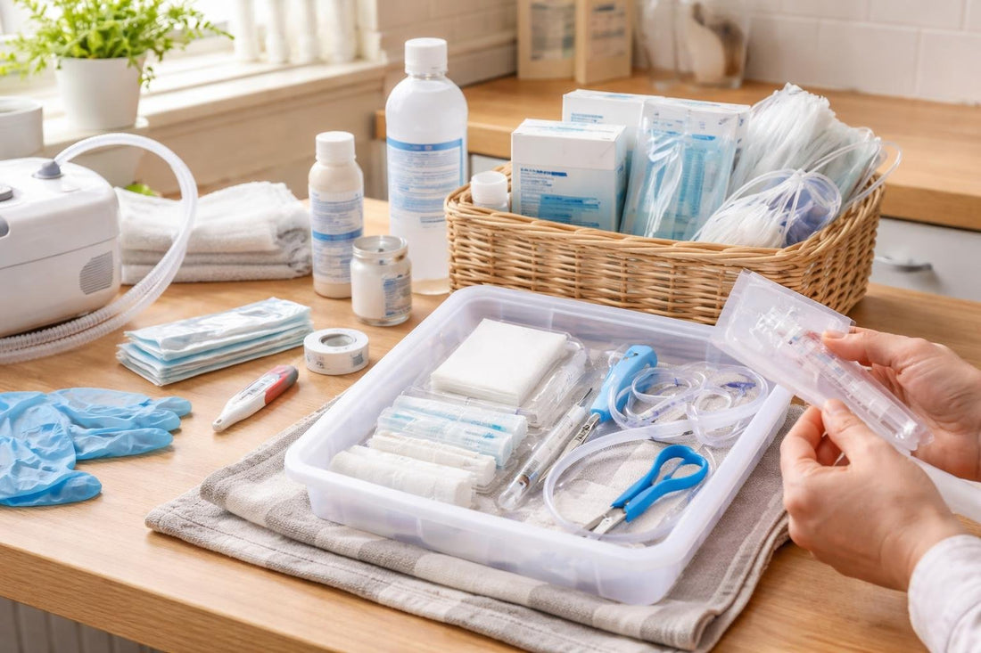 Home carer preparing tracheostomy care kit supplies