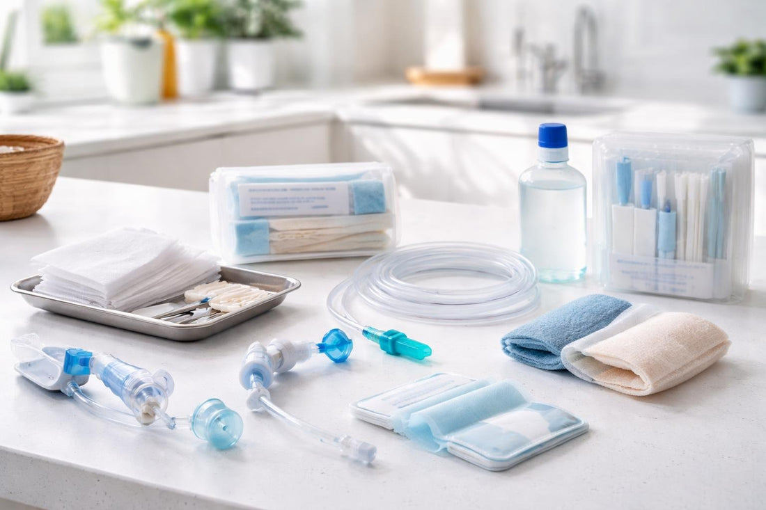 Tracheostomy care kit components and protective covers