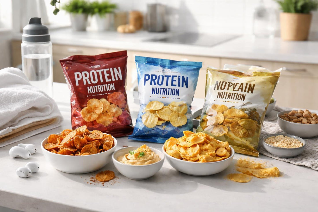 Selection of performance nutrition chips and crisps for training