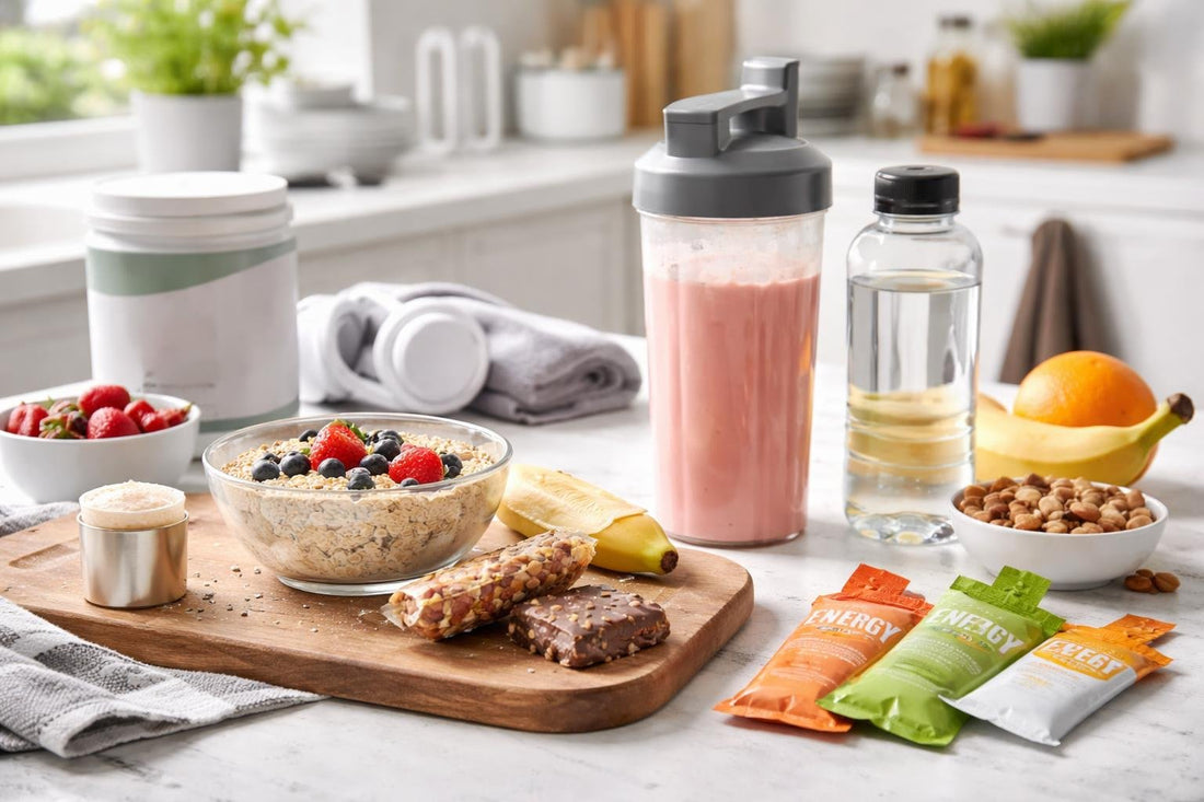 Sports nutrition snacks and drinks laid out for training