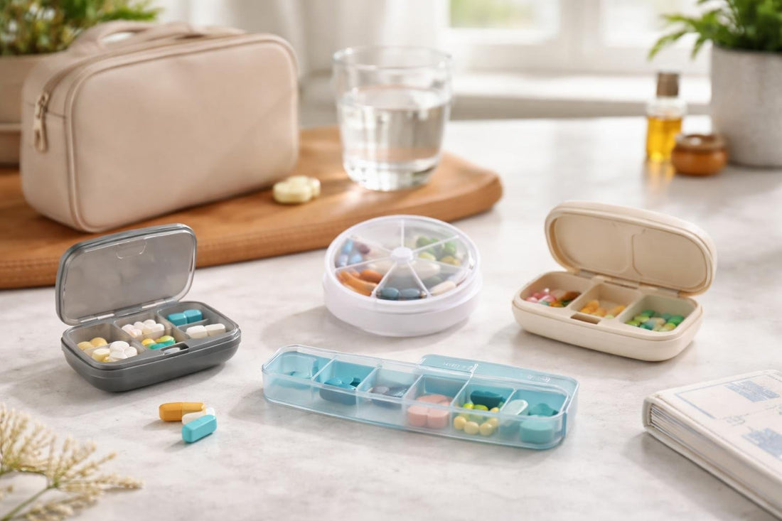 Small travel-friendly personal pill dispensers for daily vitamins