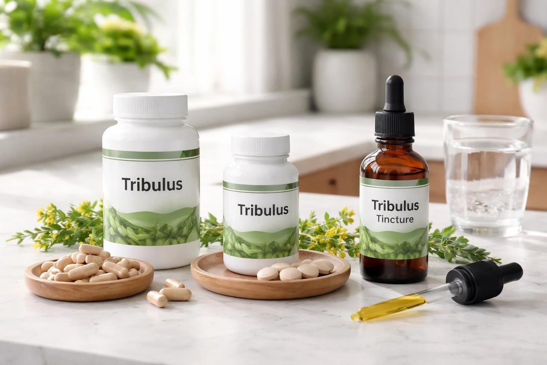 Tribulus capsules, tablets and tincture on a UK kitchen counter