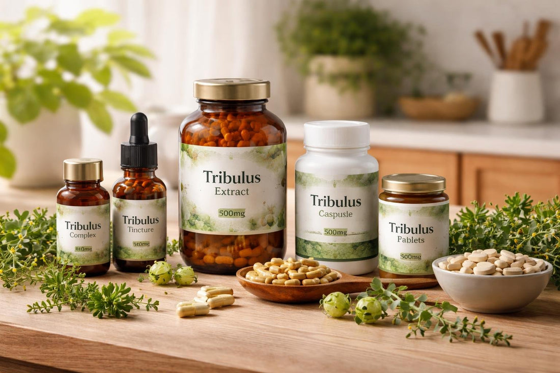 Tribulus supplements collection with capsules and bottles on wooden table