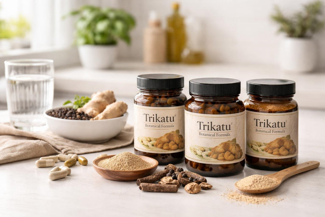 Trikatu botanical powders and capsules in jars