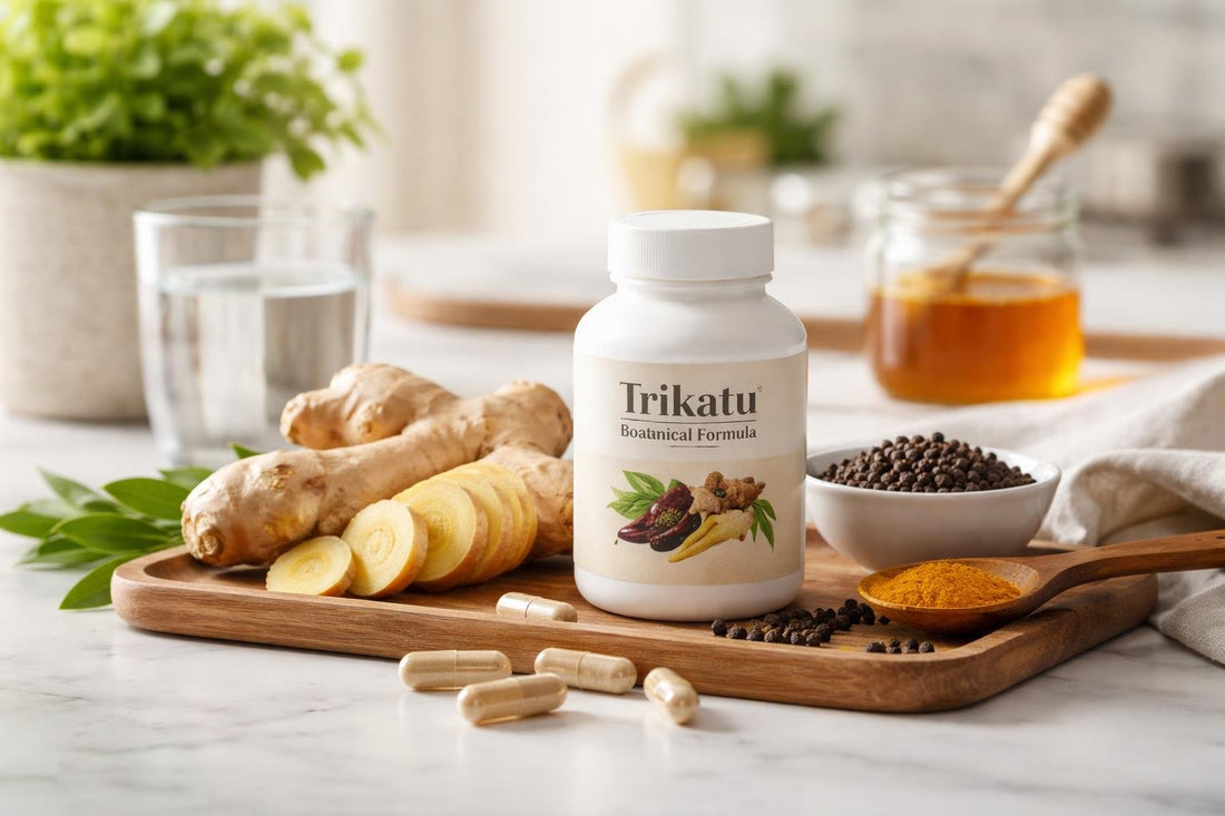 Trikatu botanical formula capsules beside ginger and pepper