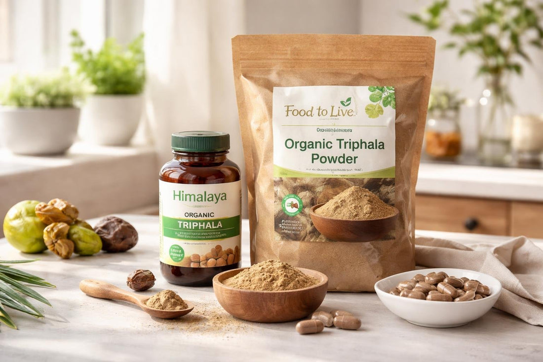 Triphala supplement bottles and powder display