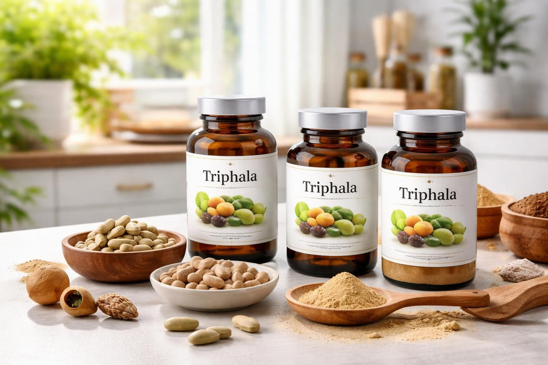 Triphala supplement bottles, tablets and capsules displayed neatly