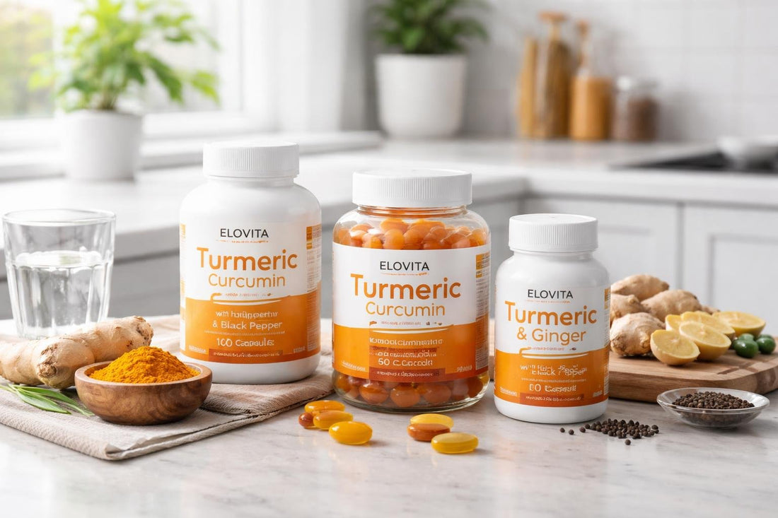 Selection of turmeric supplement bottles and gummies