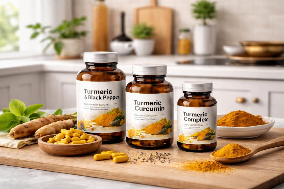 assorted turmeric capsules bottles and supplements on table