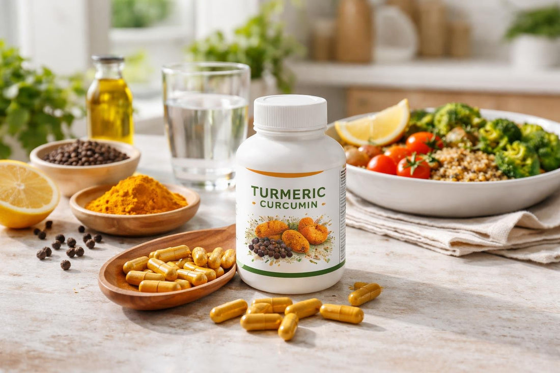 Turmeric capsules with black pepper and healthy meal