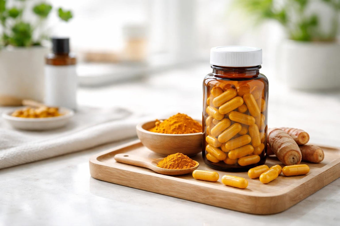 Close-up turmeric capsules and supplements on table