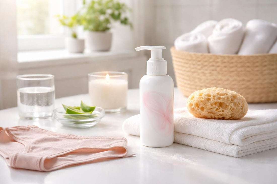 Gentle feminine intimate wash routine in a UK bathroom